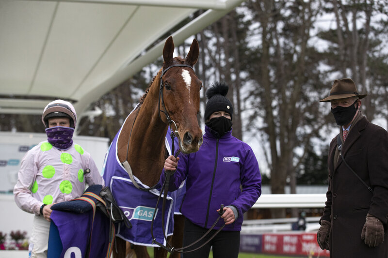 Monkfish, the winner of the 2021 Flogas Novice Chase, with jockey Paul Townend, groom Brigitta Doran and trainer Willie Mullins. Photo: Patrick McCann/Racing Post.